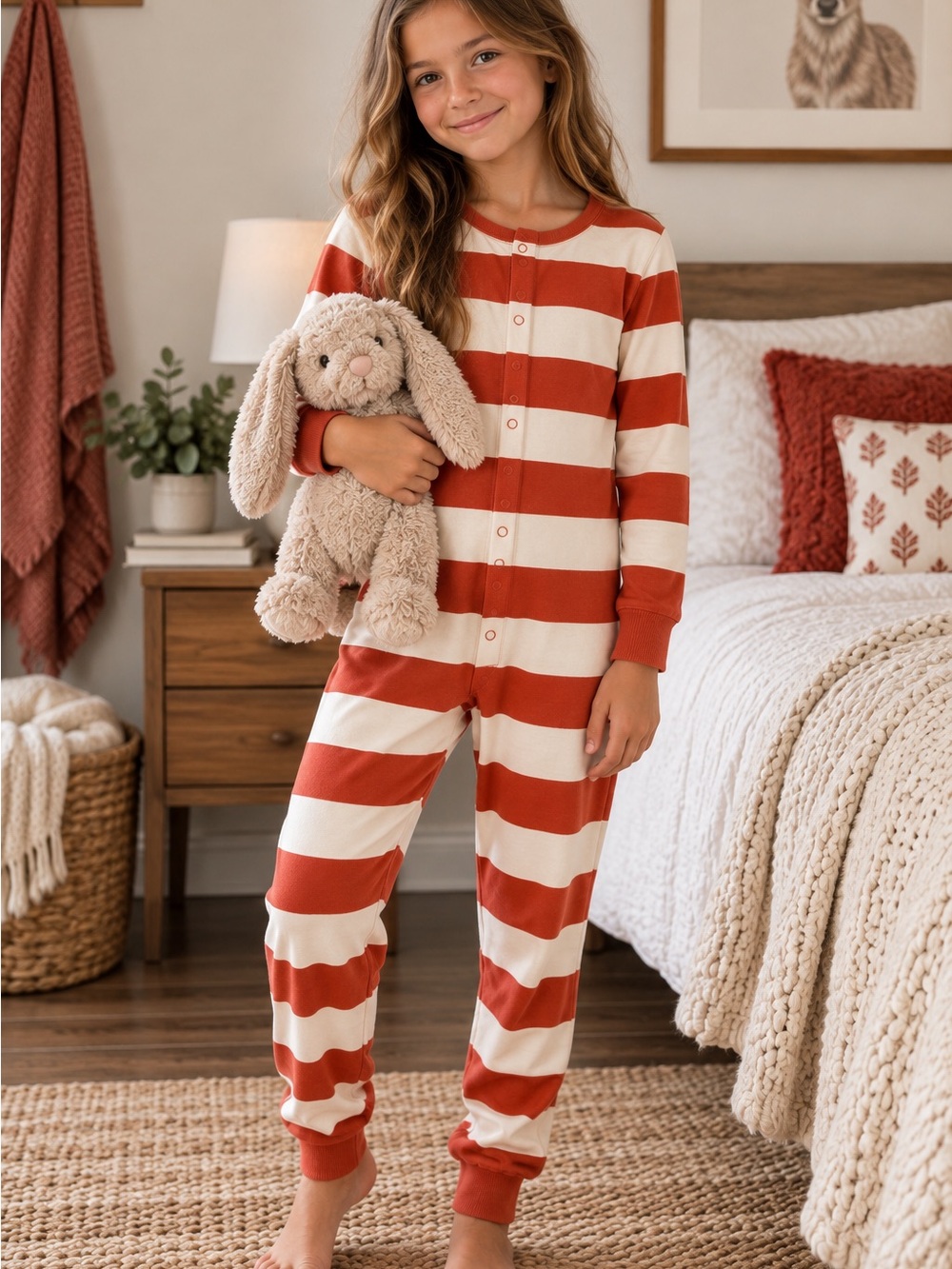 Roolee Kids Striped One Piece Pajama Jumpsuit 9-10T Coral Red Cream
